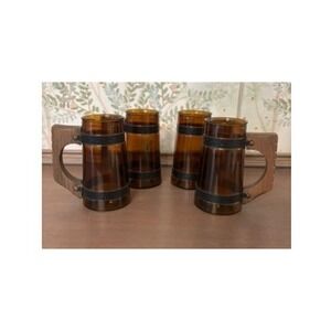VTG Siesta Ware Amber Glass Mugs Set of 4 Brown Wood Handle MCM Rustic Barware